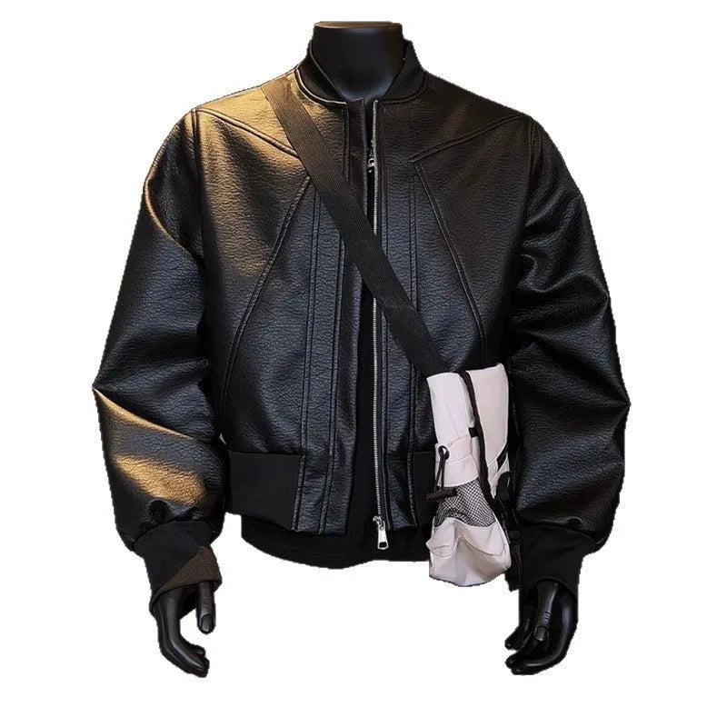 Black extended-length tight-fit PU leather jacket for men on a hanger.