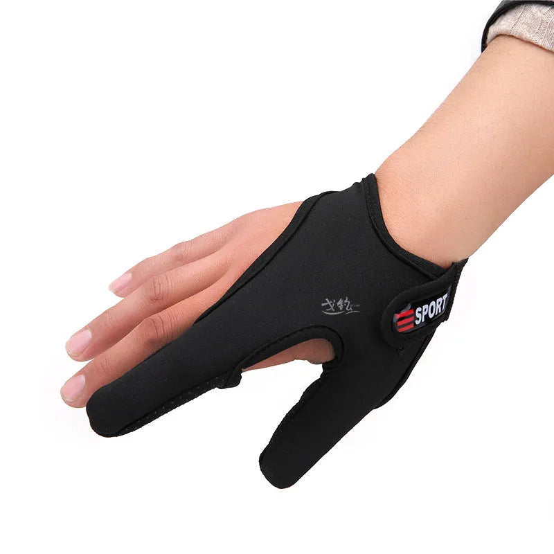 Two finger fishing glove showing diving cloth back material and microfiber palm grip area