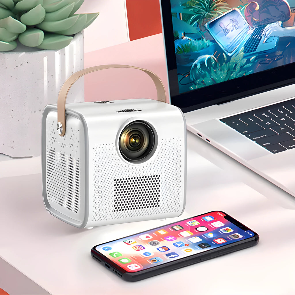 Full HD mini projector 1080P 3000 lumens LED with remote control and cables on table