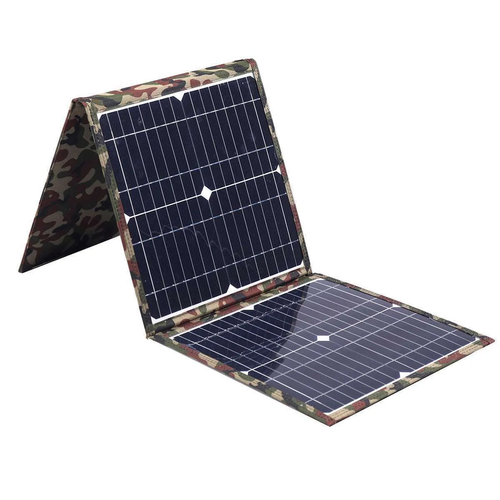 Black foldable 36W solar panel measuring 87cm x 28.5cm with charging accessories