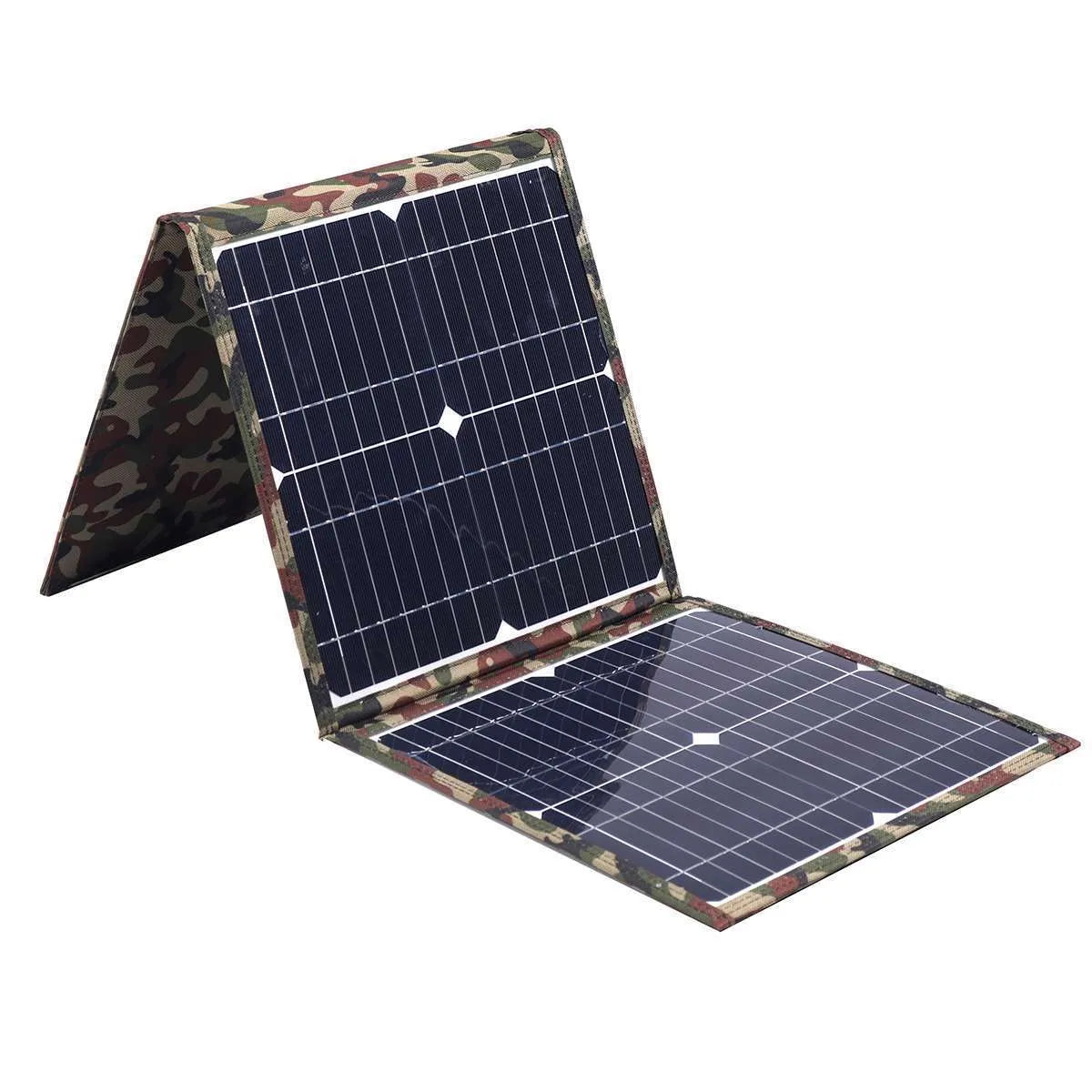Black foldable 36W solar panel measuring 87cm x 28.5cm with charging accessories