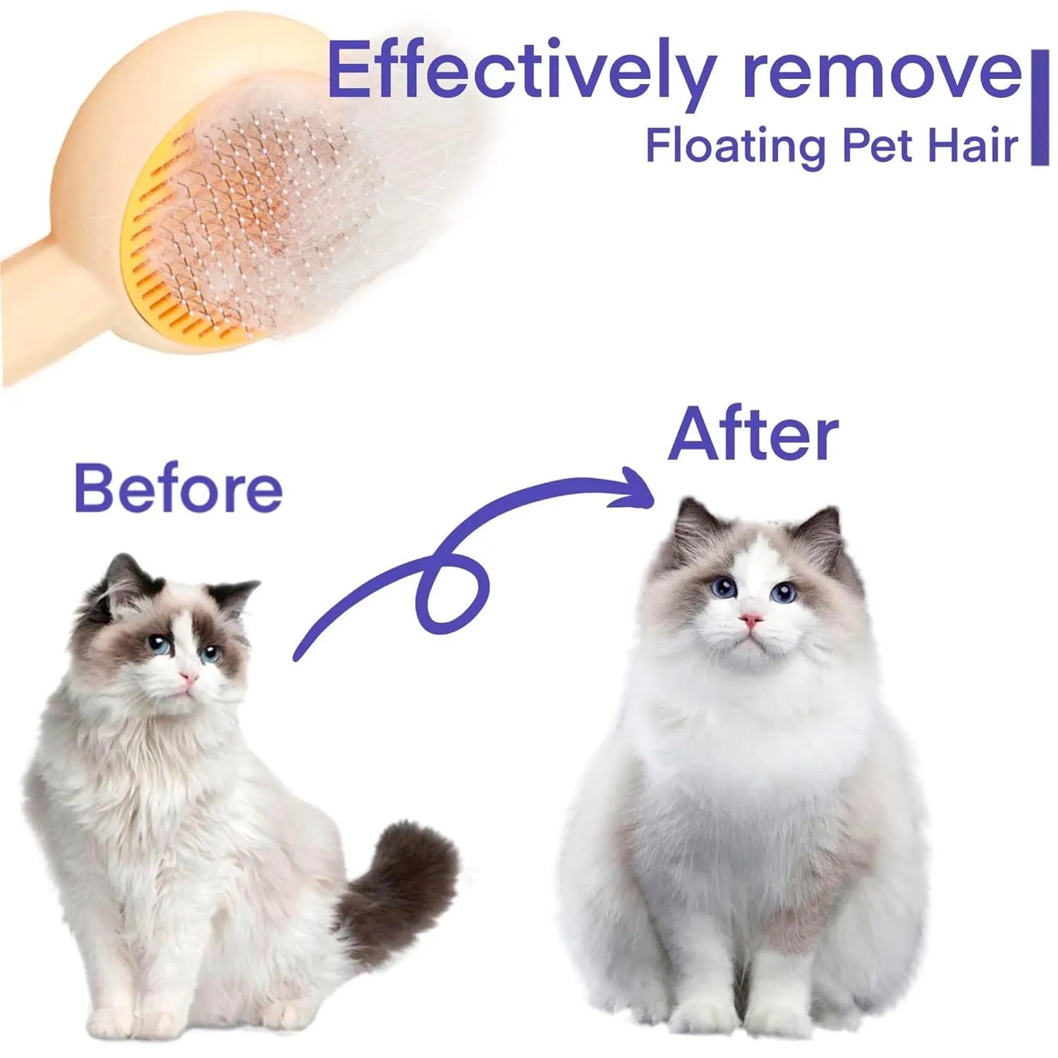 Blue and yellow pet deshedding brush with metal pins and a self-cleaning button on the handle.