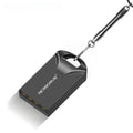 Small black and silver metal USB flash drive on a white background showing its compact size.