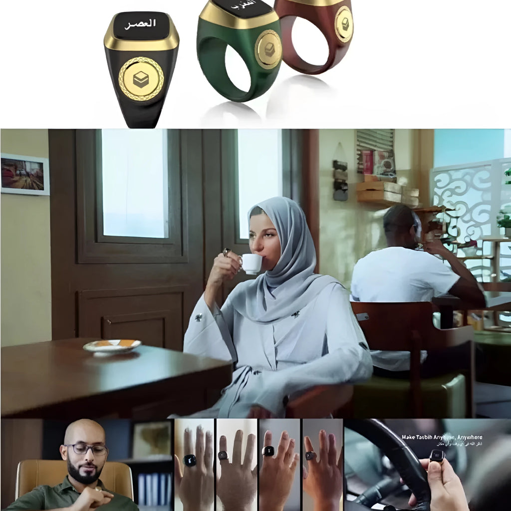 Silver smart ring with a button and small OLED display on a finger.