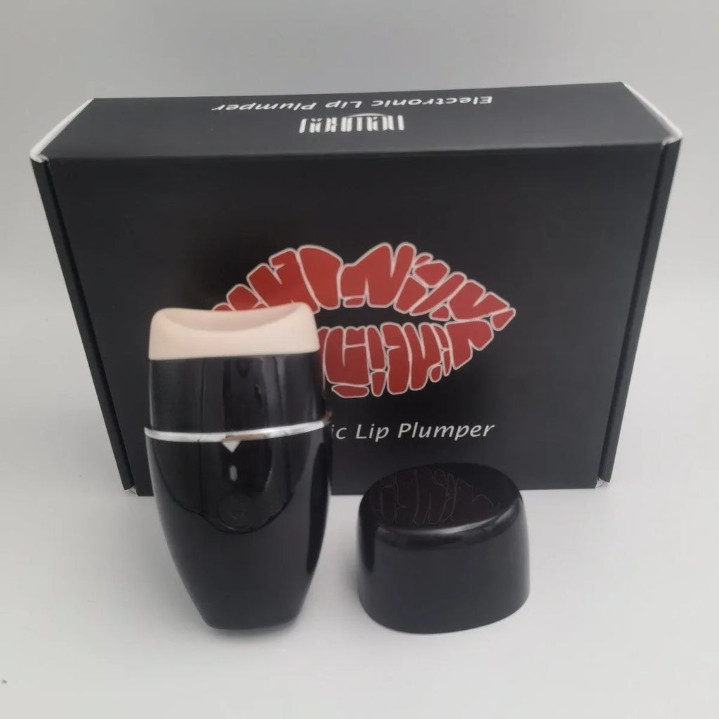Black and white electric silicone lip plumper device with 3-speed adjustment and USB charging cable