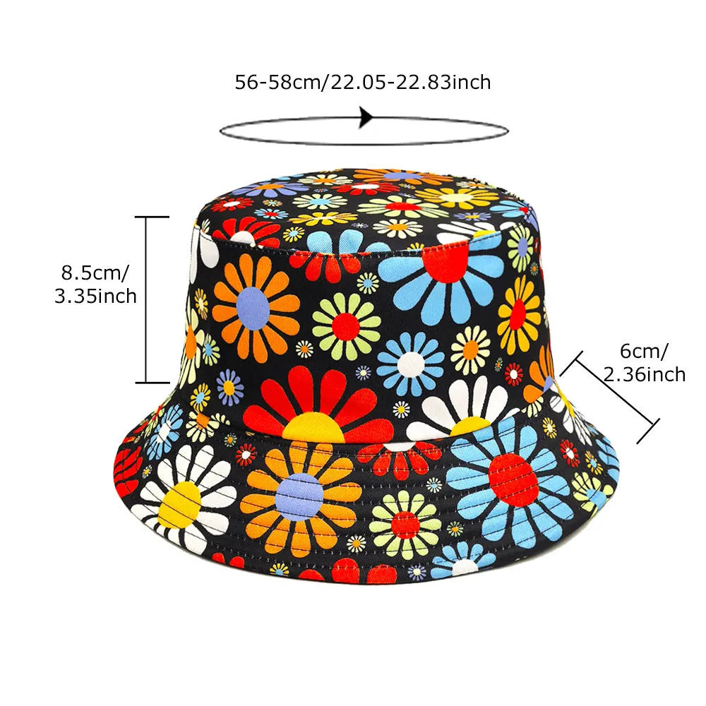 Colourful floral print polyester bucket sun hat with a dome crown, size M.