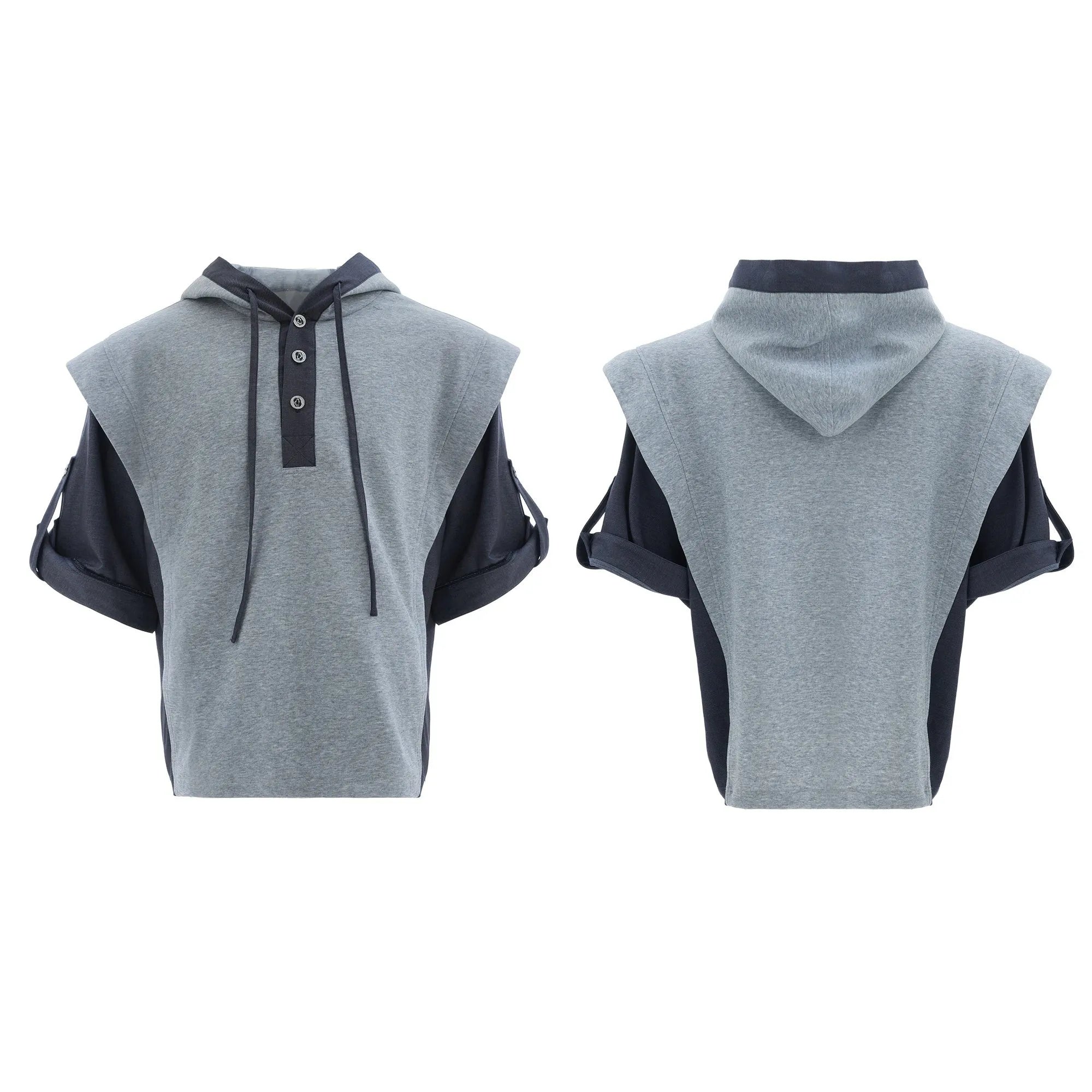 Men's black hooded short sleeve polyester sports suit with textured stitching and matching trousers on a grey background.