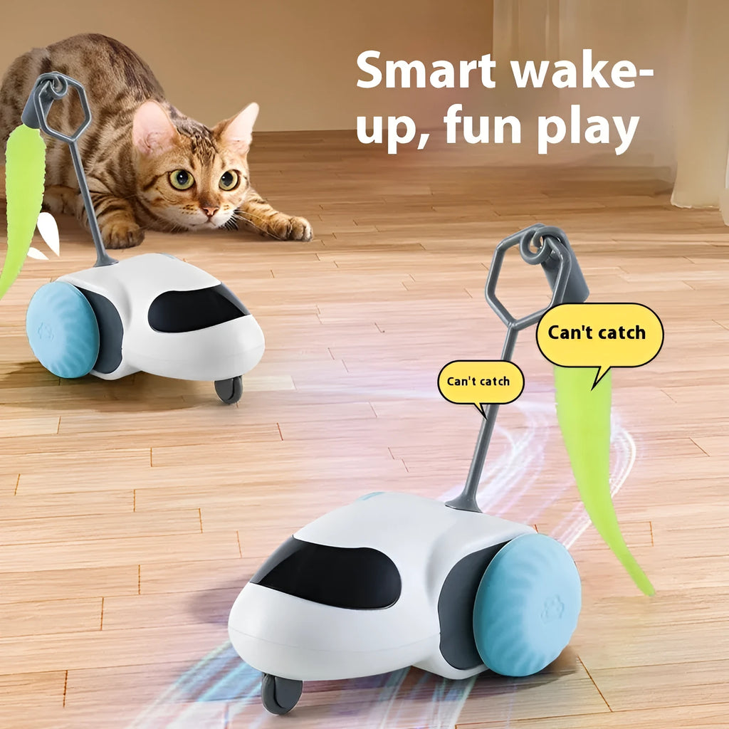Smart running car electric toy for cats in light grey blue and summer orange colours