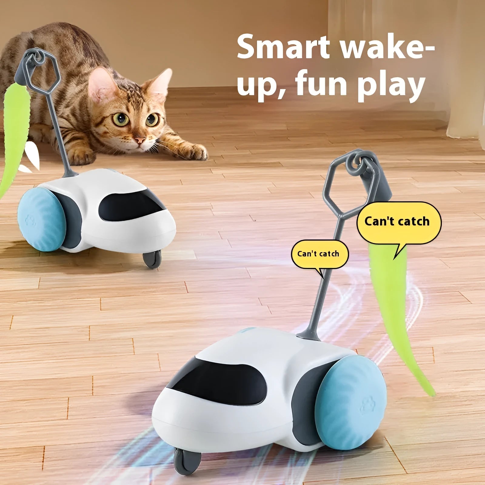 Smart running car electric toy for cats in light grey blue and summer orange colours