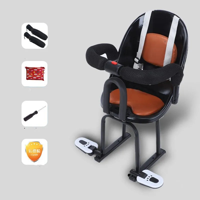 High carbon steel front seat bracket for child on battery scooter, shown in black, red, or white.