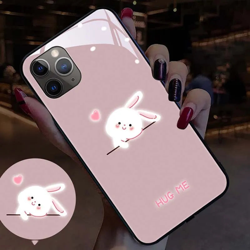 Compatible Apple iPhone LED phone case with tempered glass back glowing with pink and purple lights