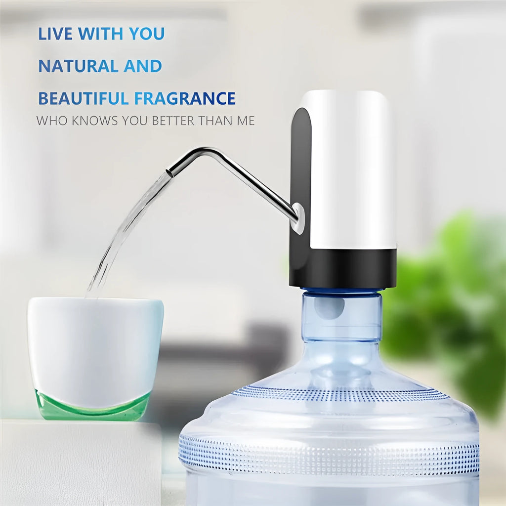 Automatic electric water bottle pump in black or white, USB rechargeable, for 4.5L to 18.9L bottles