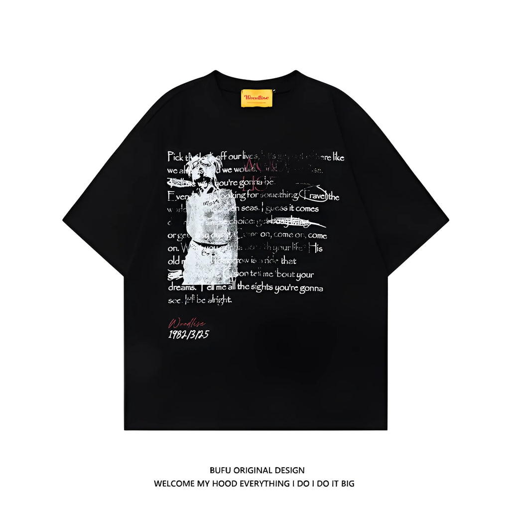 Men's black and white pure cotton t-shirt with loose fit and hip hop retro style