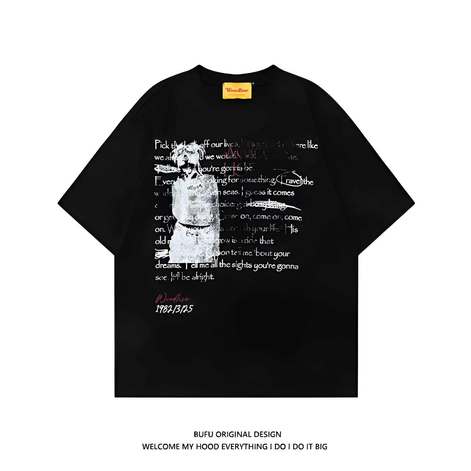 Men's black and white pure cotton t-shirt with loose fit and hip hop retro style