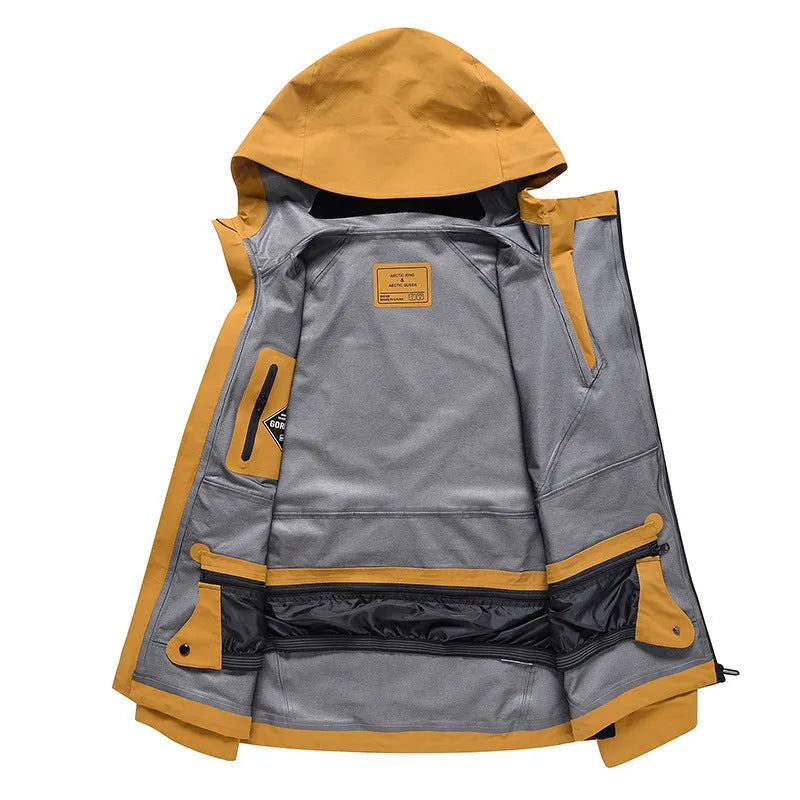 Unisex windproof waterproof ski suit in yellow, black, grey, or liner, sizes XS to XL.