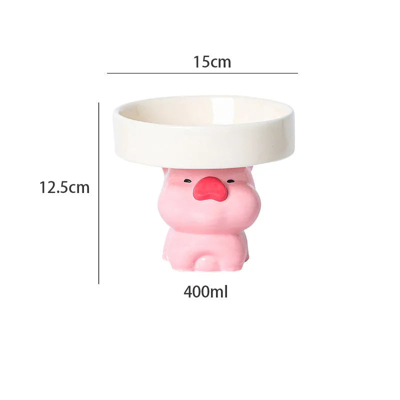 Ceramic elevated cat food bowl with animal theme design in pink, yellow, or white