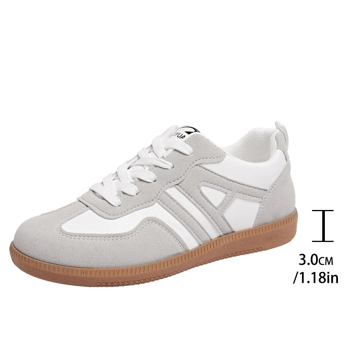 Women's retro colour-block lace-up jogging shoes in grey with a low platform heel and rubber sole.