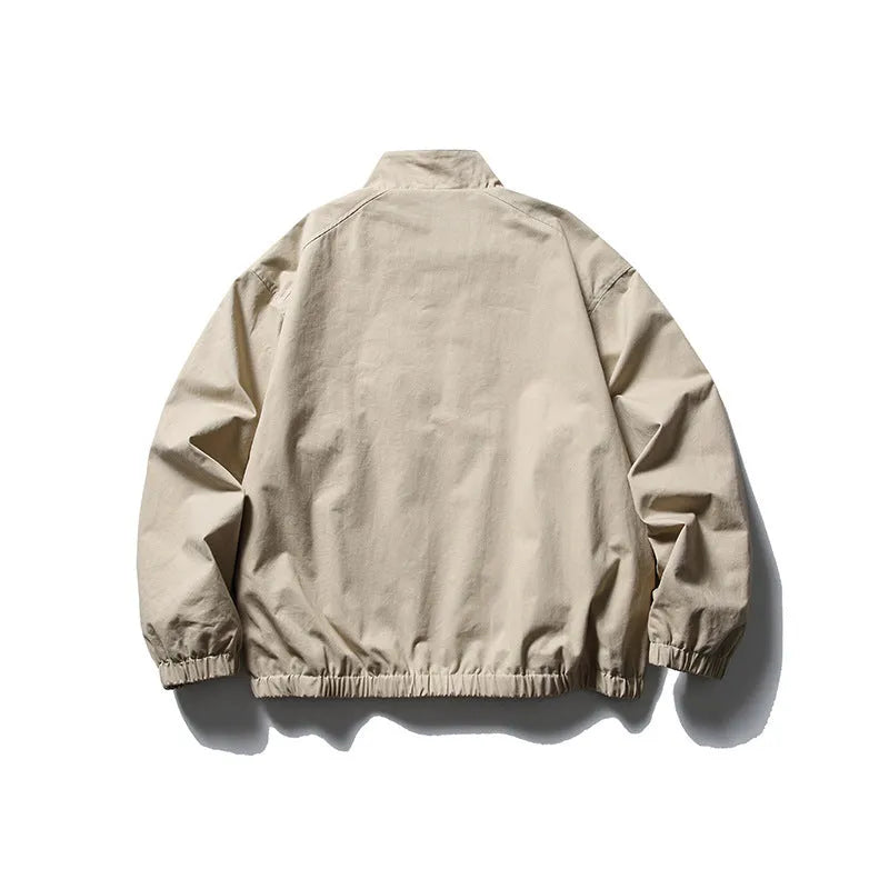 Japanese outdoor stand-up collar casual jacket in solid khaki colour with side pockets