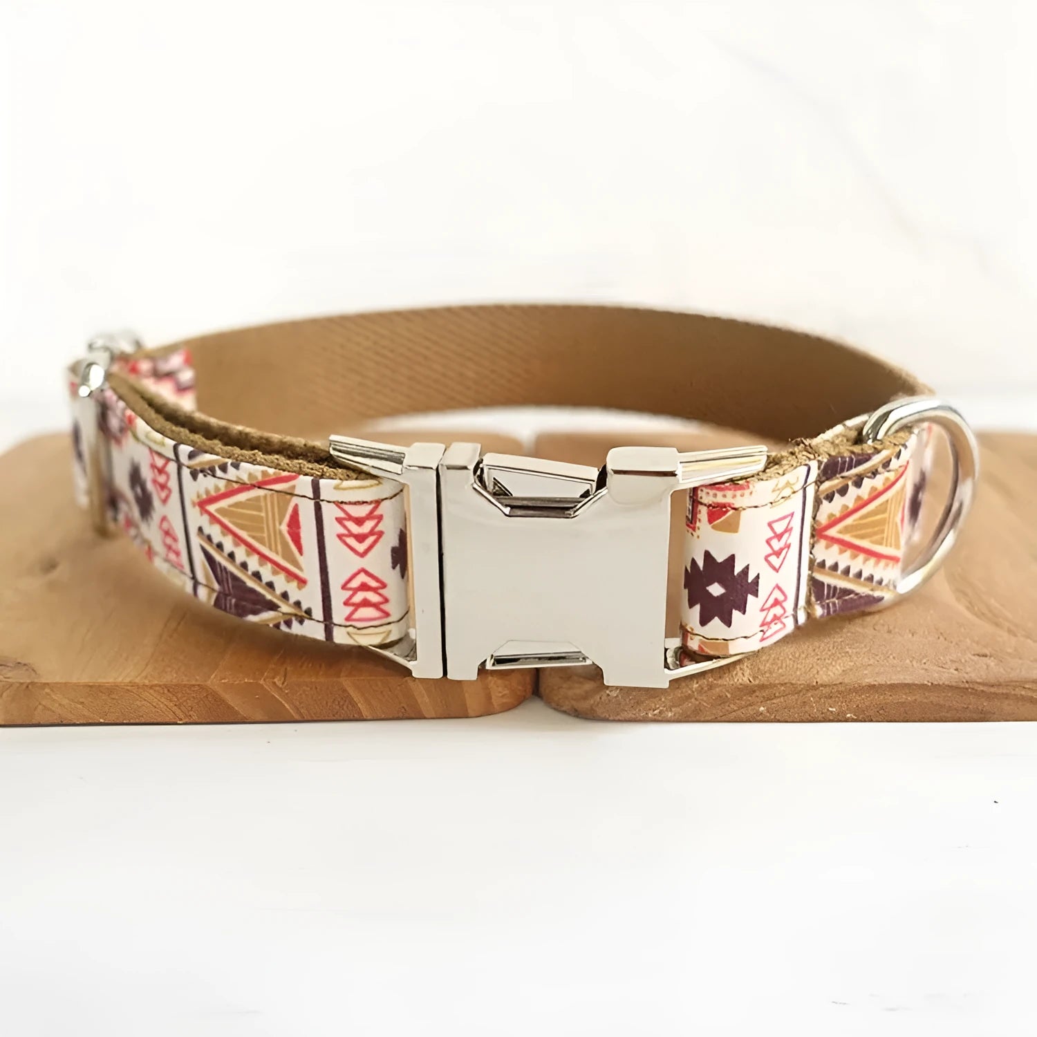 Brown polyester bohemian dog collar on a small dog, adjustable size