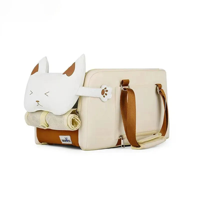 Beige hard-shell portable cat carrier with EPE padding for car and outdoor travel