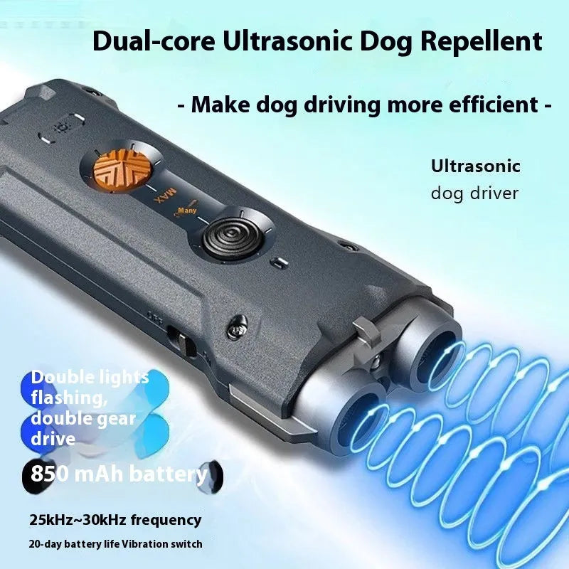 Grey high-power ultrasonic dog repellent with ABS shell and hanging rope