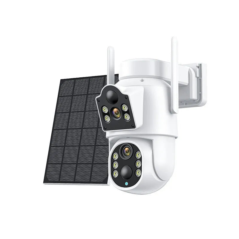 Outdoor solar-powered wireless security camera with solar panel in black and white colour option