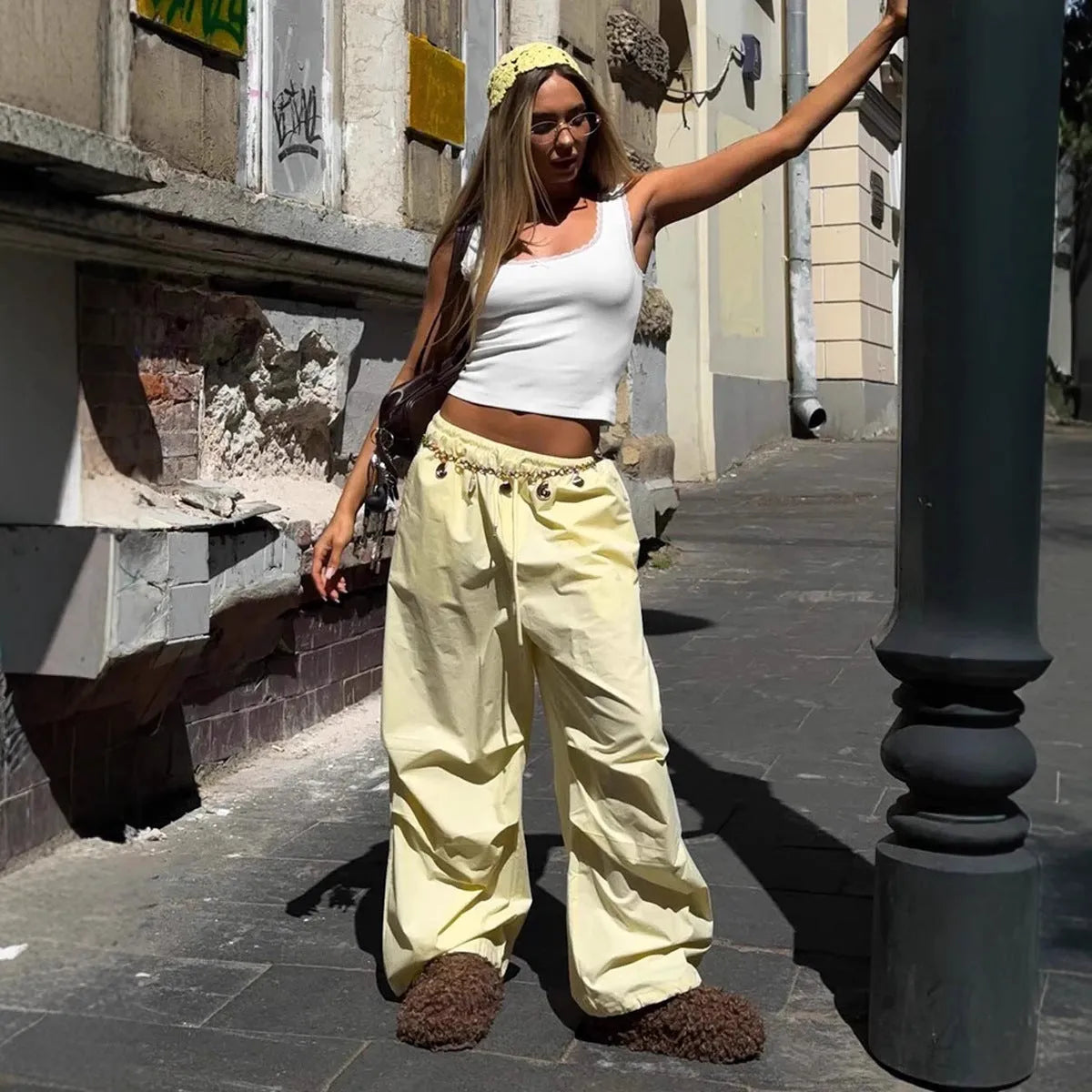 Yellow women's drawstring trousers, mid-waist straight-leg work clothes style, sizes S M L