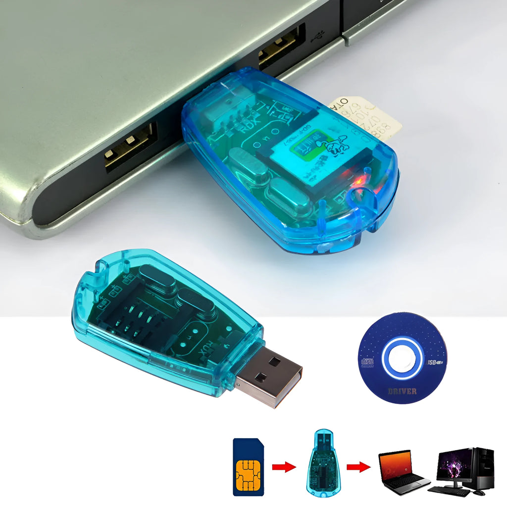 Blue USB SIM card reader for mobile phone data backup and transfer