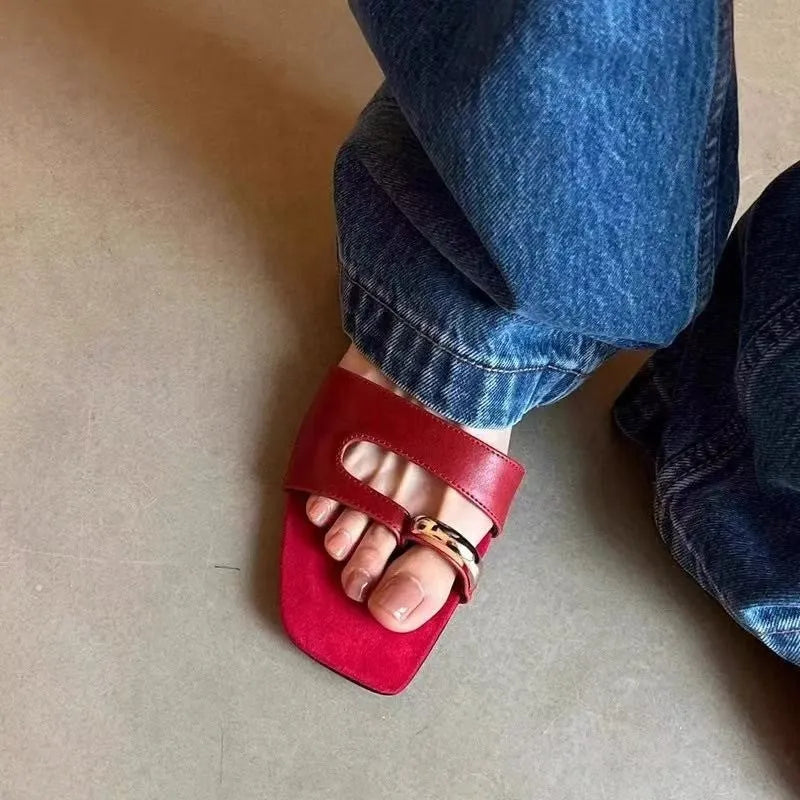 Square toe leather slippers with rubber sole in black, red, silver, or white colours for sizes 35 to 42
