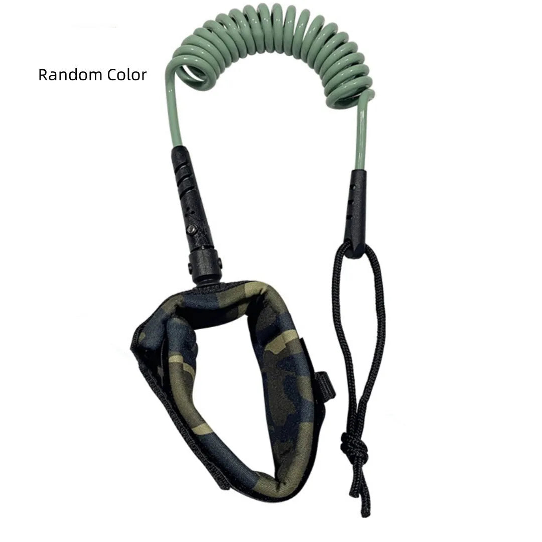 Surfboard hand holding rope showing elastic surfboard pulp rope construction with random colour selection