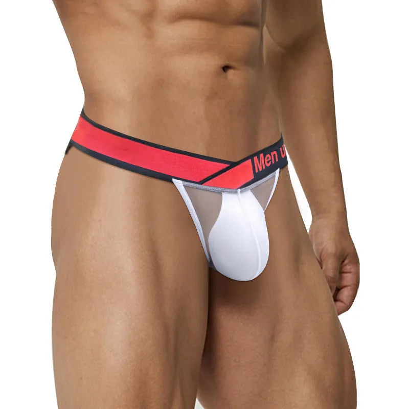 Men's red ice silk nylon briefs with a large V front and low waist design.