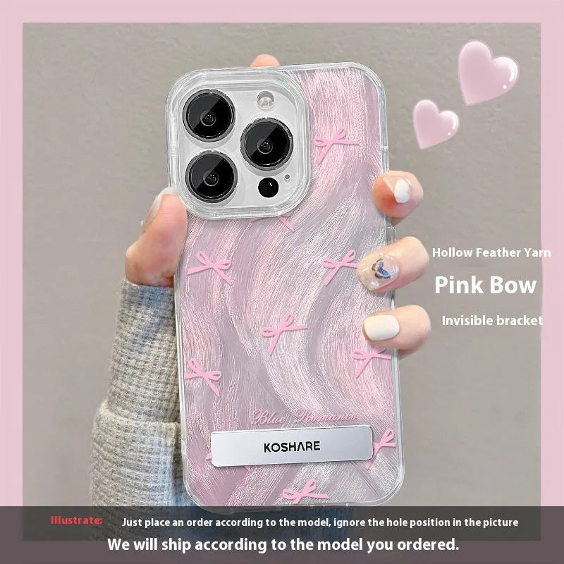 PC phone case for iPhone 15 with silver smudge star design and pop-out bracket on back