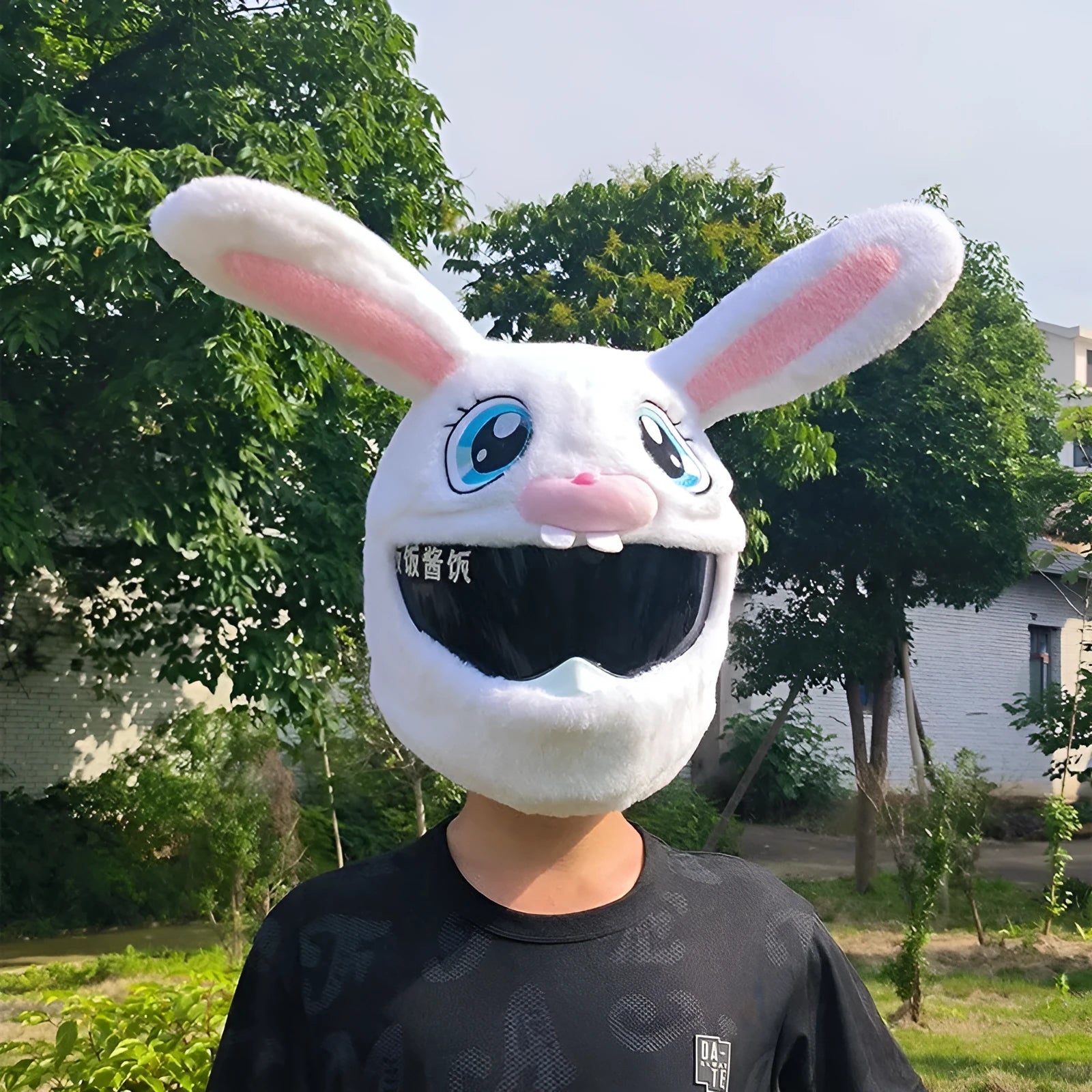 White decorative rabbit head helmet cover for electric motorcycles with warm plush PP cotton construction