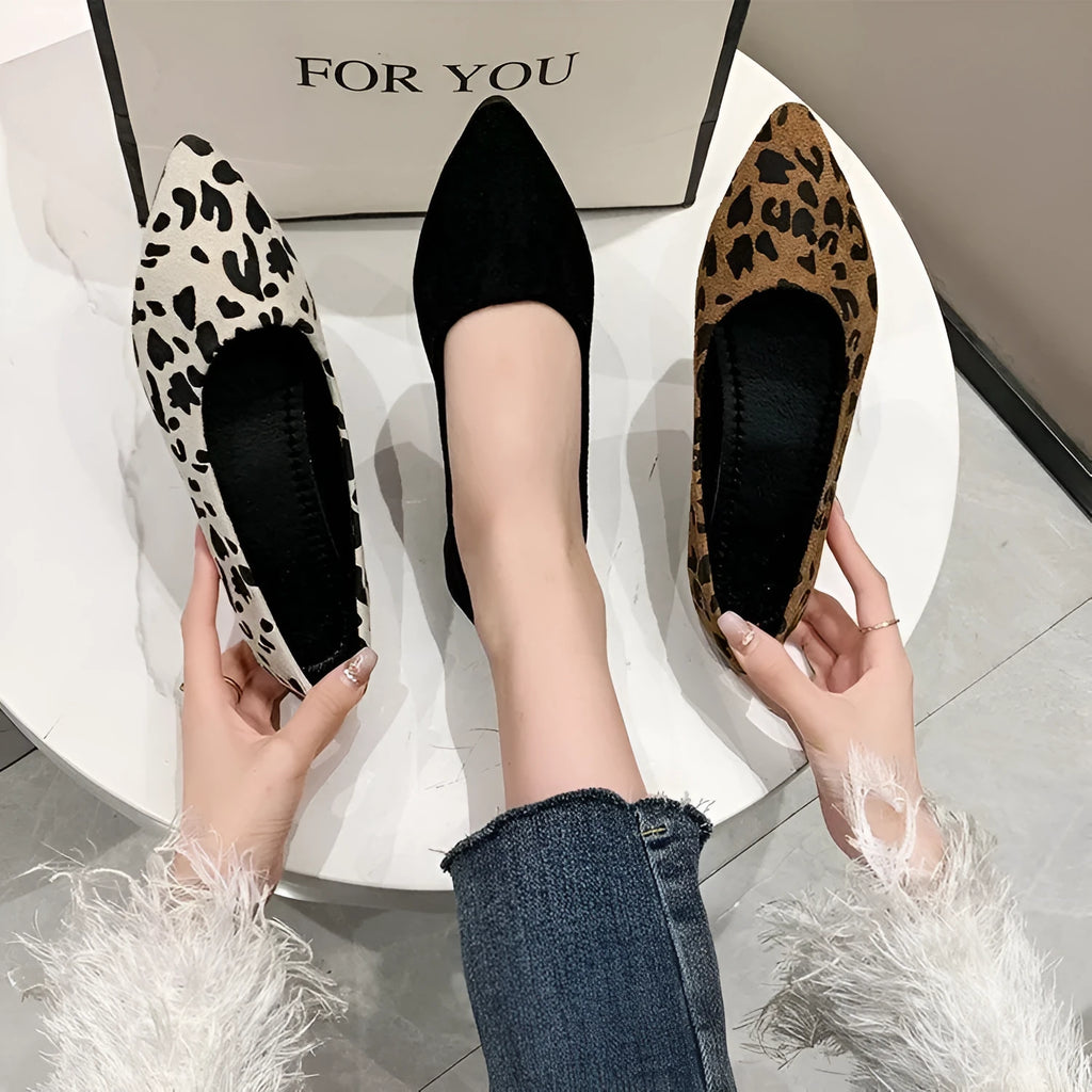 Women's leopard print flat pumps with pointed toe and low ankle strap