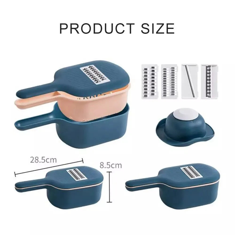 Vegetable cutter with four blades, hand protection, drain basket and bottom basin in dark blue, pink, white or light blue