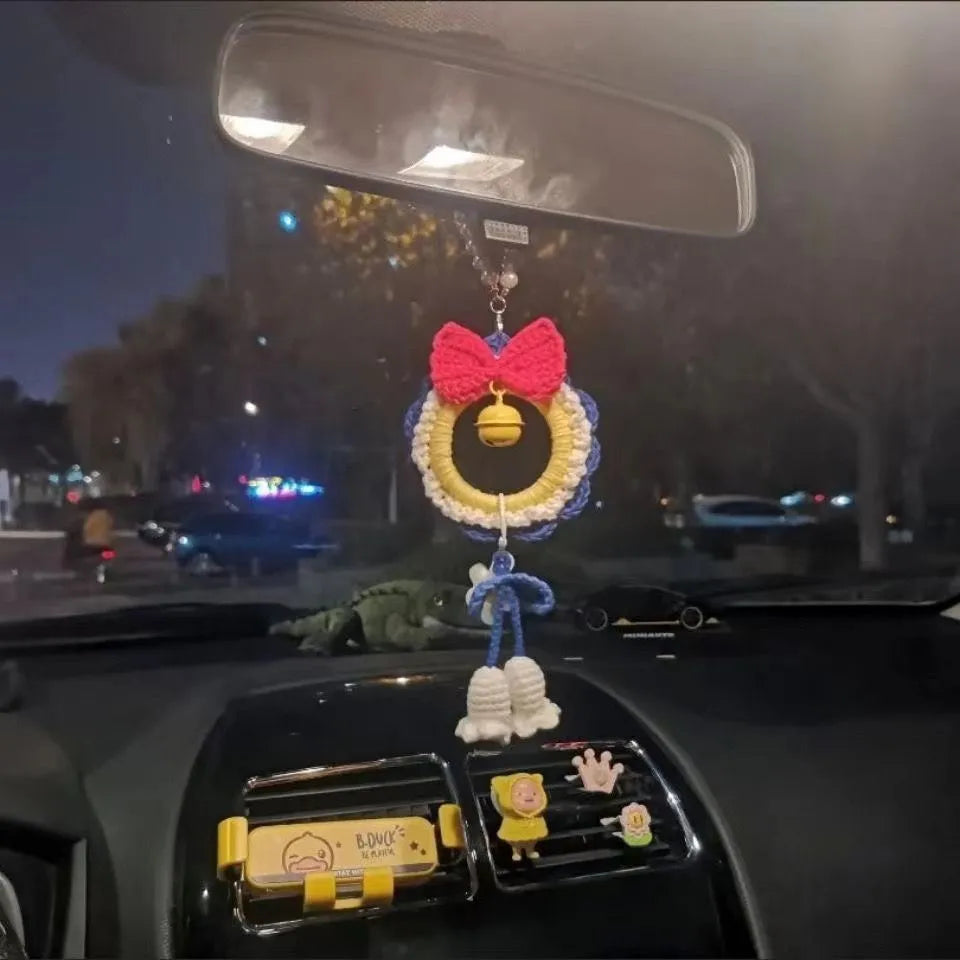 Handmade Snow White car hanging ornament with plush yarn weaving, approximately 15 cm long