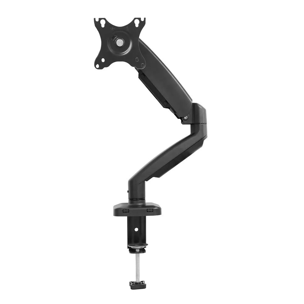 Black rotating telescopic LCD screen bracket mounted on desk edge showing adjustable arm and elevated rack design