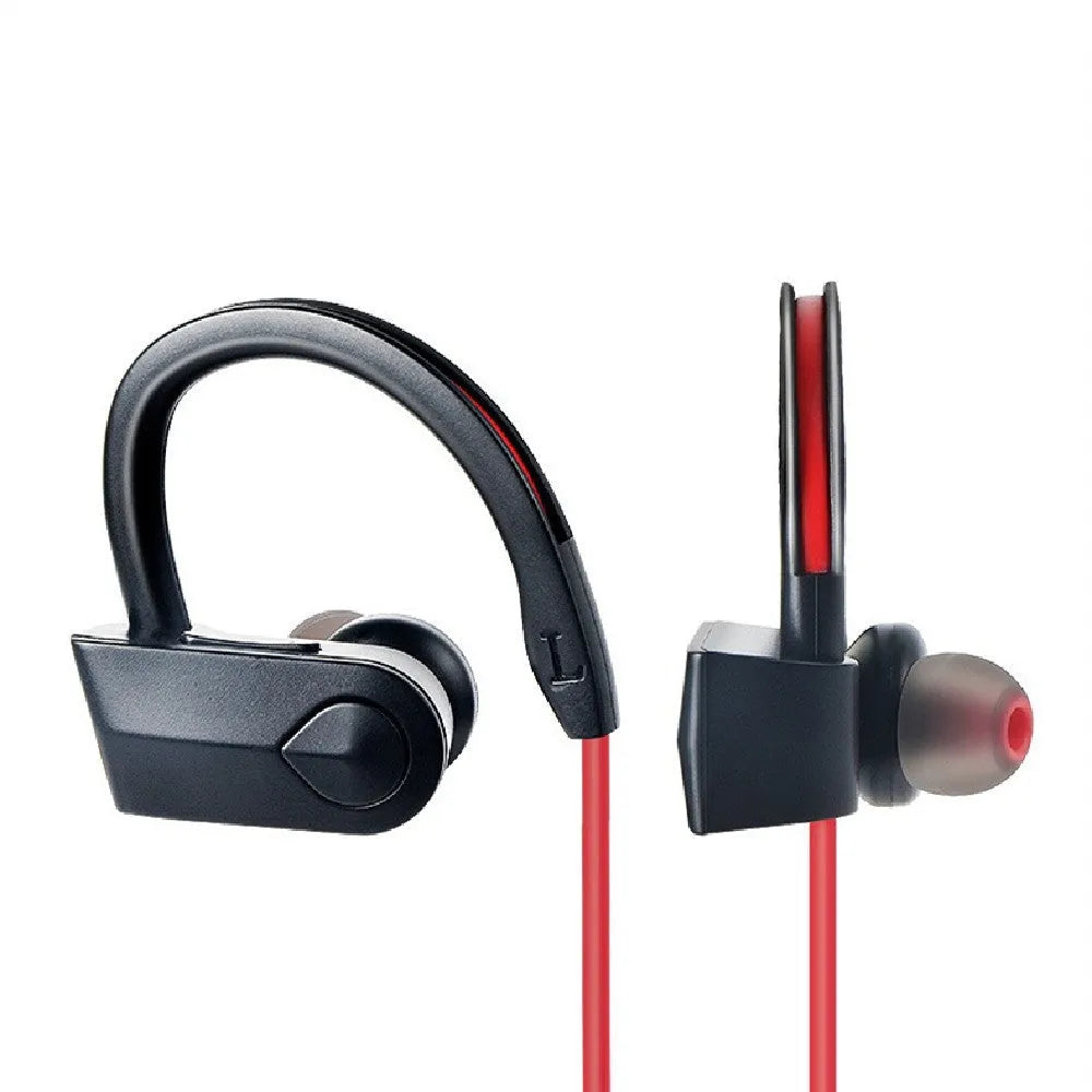 Black wireless neckband Bluetooth earphones showing earpieces and control module on the neckband.