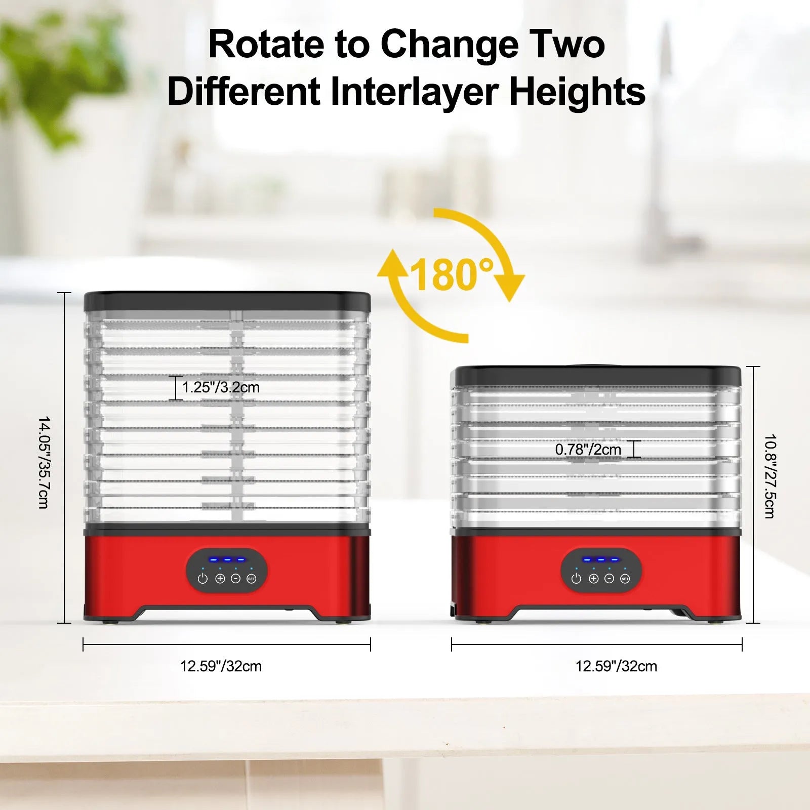 Silver household food dehydrator with 8 drying trays showing expanded height configuration