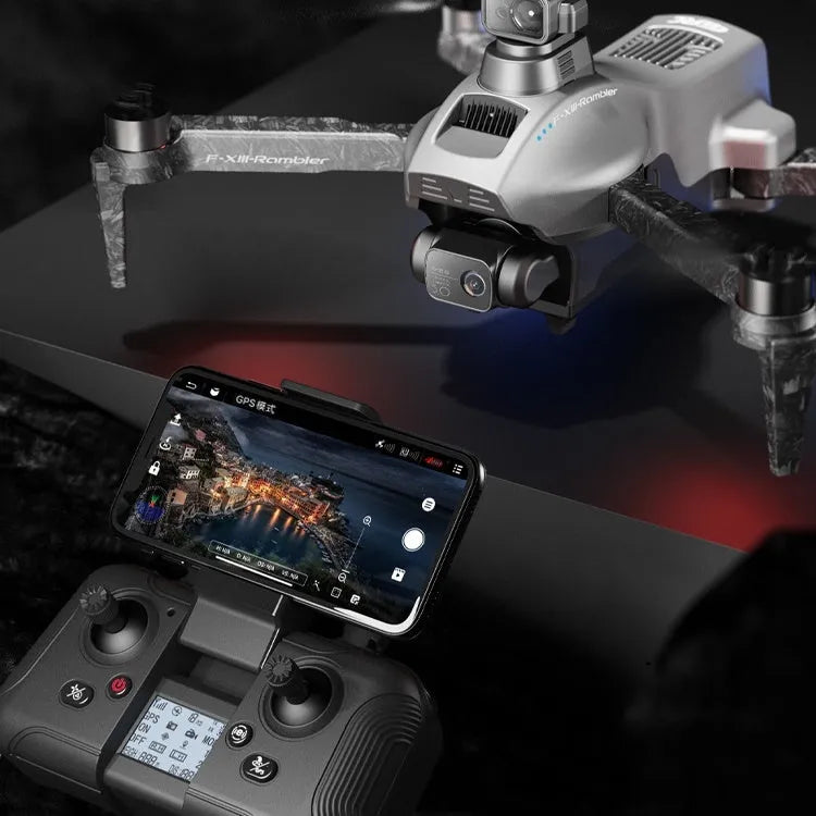 White folding quadcopter drone with camera and propellers, shown with remote control and shoulder bag.