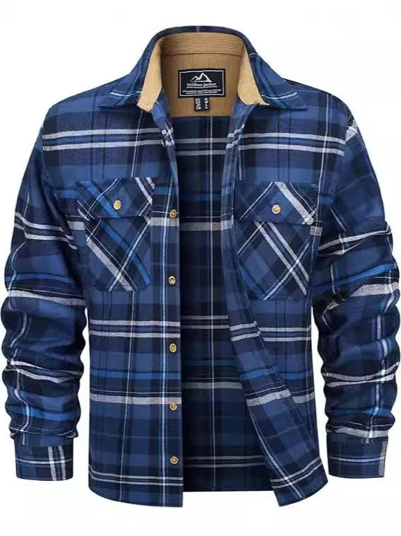 Men's flannel casual button shirt in a plaid pattern, showing cardigan style with long sleeves.