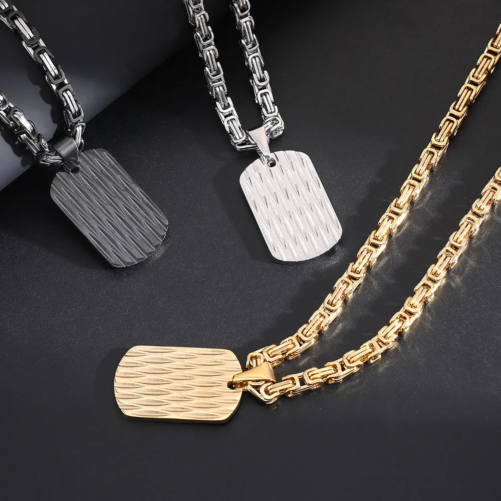 Titanium steel men's water ripple pendant necklace with quadrilateral geometry on emperor chain