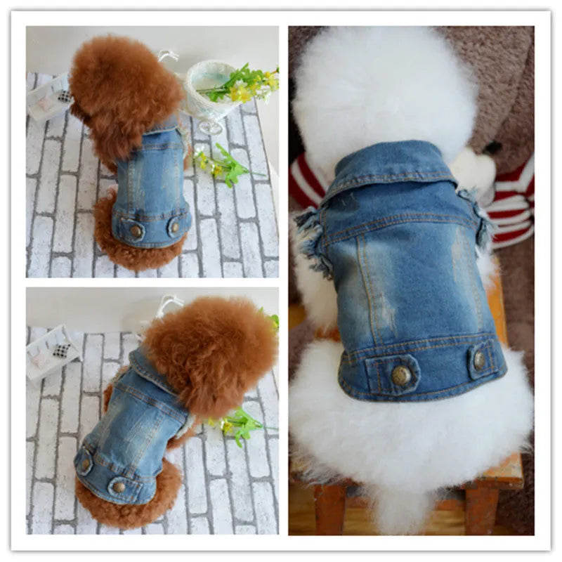 Retro scratch pattern denim vest for dogs in dark and light wash colours
