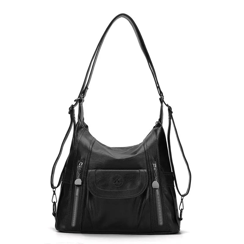 Women's PU leather shoulder messenger bag with zip compartments, available in black, brown or champagne
