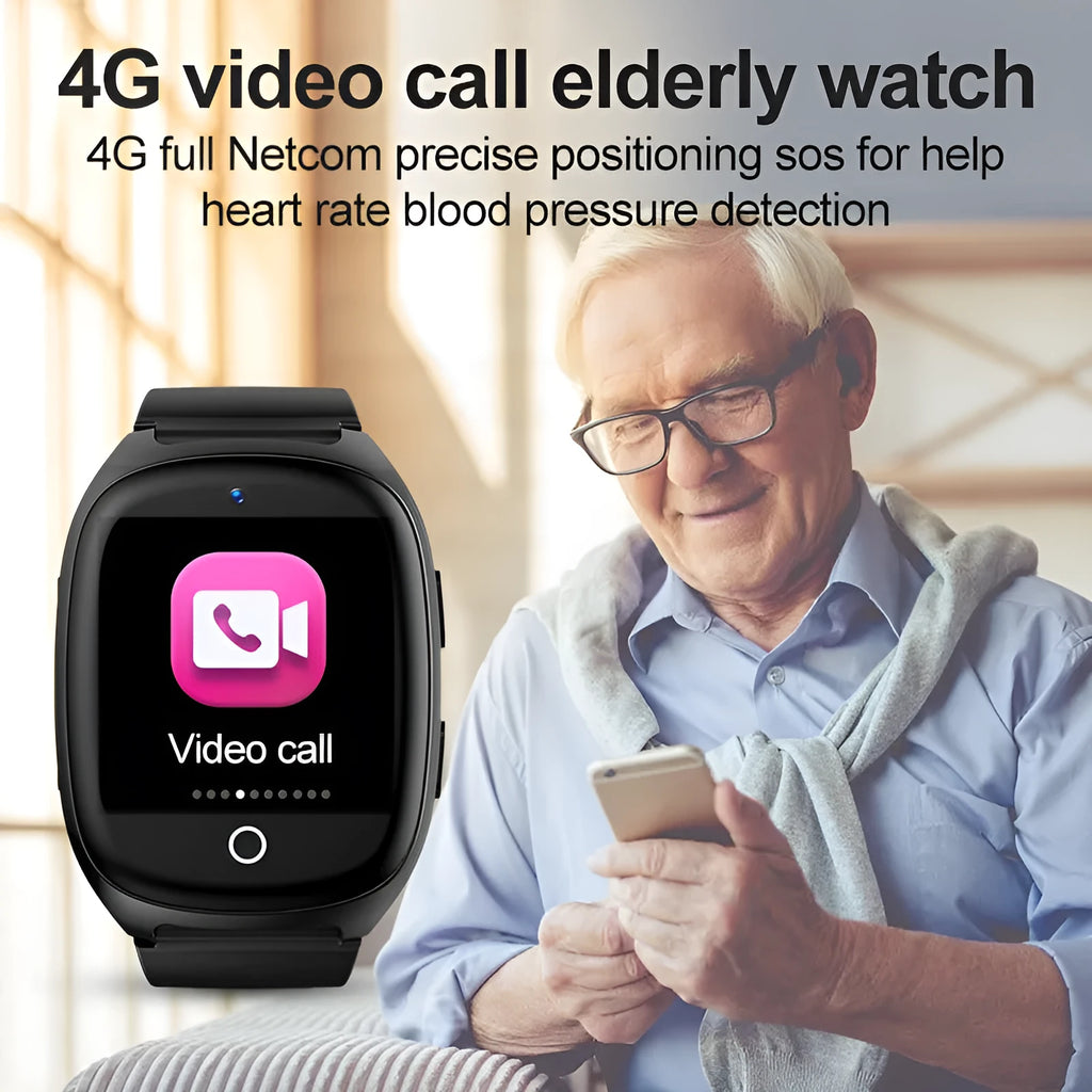 Black GPS location tracker phone watch with touch screen displayed on wrist, showing SOS button and charging cable.