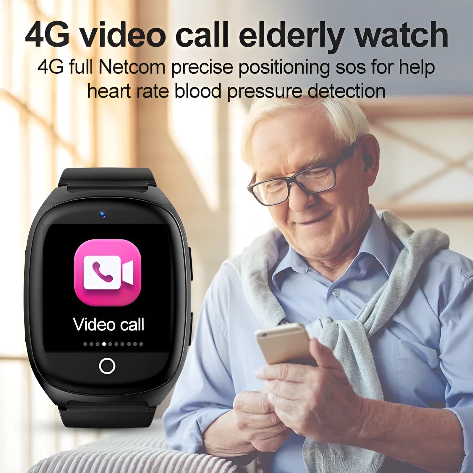 Black GPS location tracker phone watch with touch screen displayed on wrist, showing SOS button and charging cable.