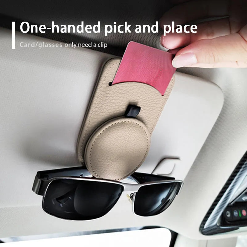 Car glasses holder sun visor clip 11x7cm in synthetic resin and leather for sunglasses and cards