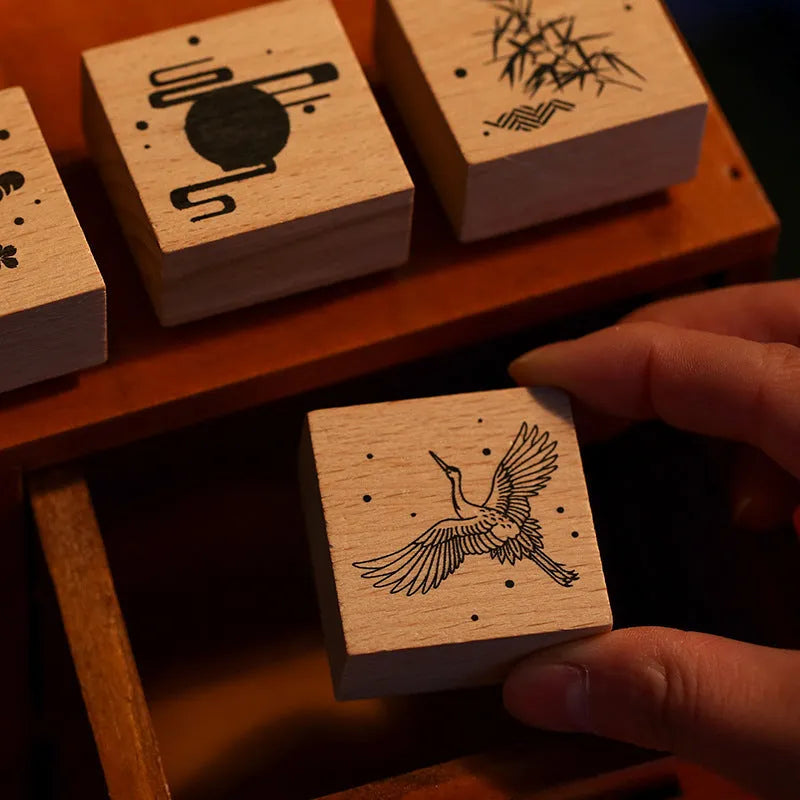 Wooden stamp with rubber printing surface featuring traditional Chinese crane design