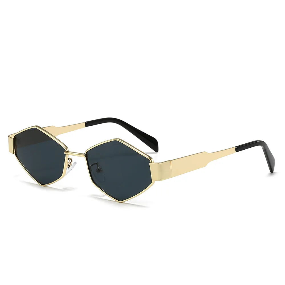 Polygon rhombus metal sunglasses with hexagon square frame in black, gold, or silver with coloured lenses