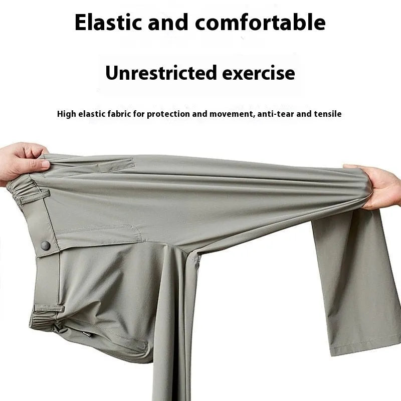 Men's black ice silk straight loose trousers with elastic waistband on hanger